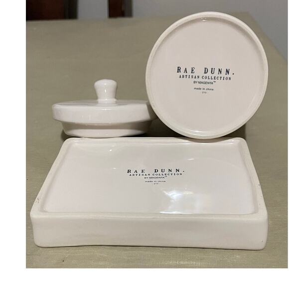Rae Dunn 2‎ Pieces Ceramic Bathroom Set Dish Wash Plate And Things Jar With Lid - Picture 2 of 6
